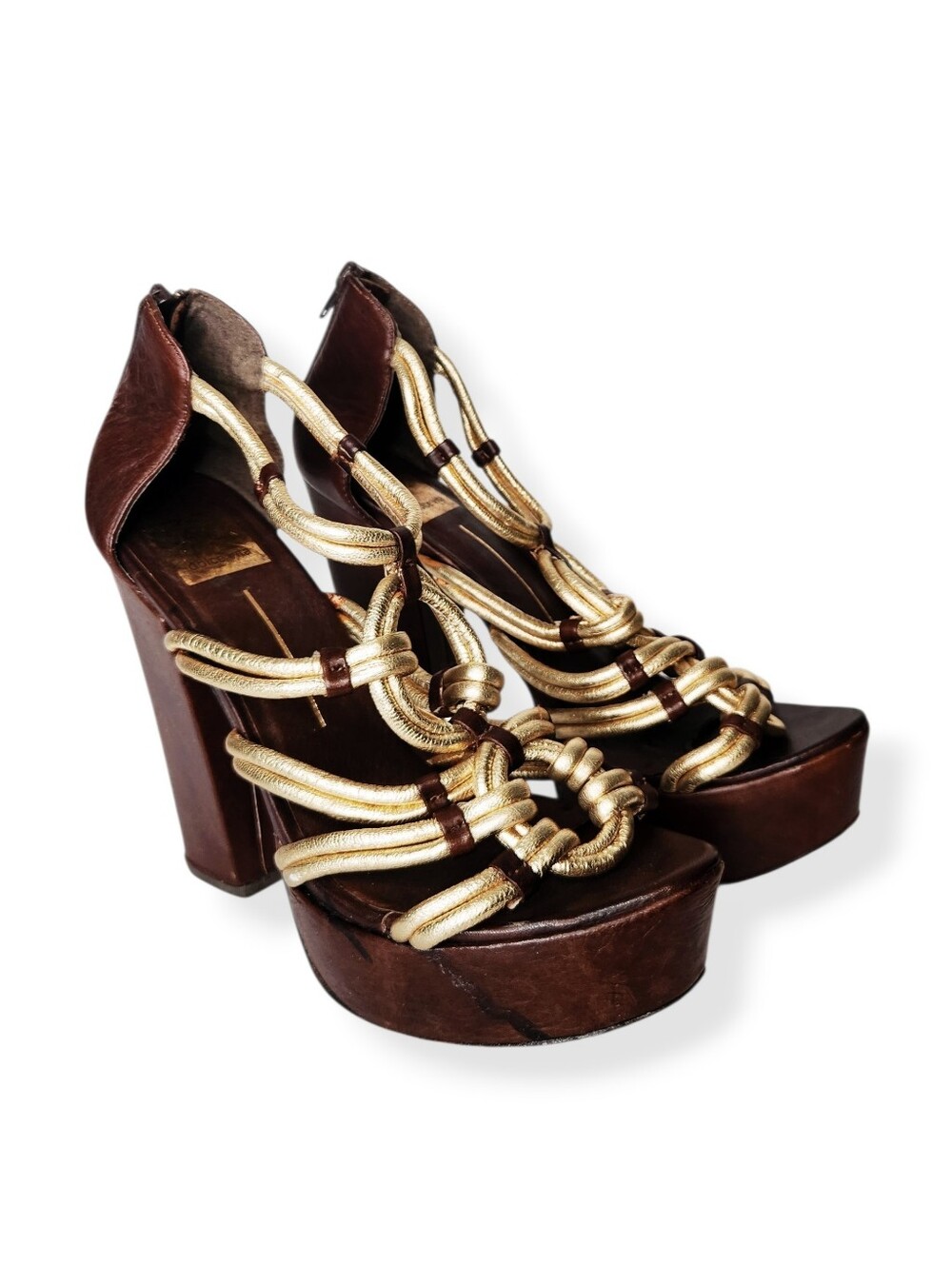 Dolce Vita Brown Wood Block Heel Platform Sandals with Gold Rope Accent Size 8.5
